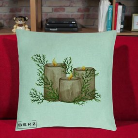 Perna Decorativa Lumanari Rustice cu Crengute Brad, 40x40 cm, Verde Menta, Husa Detasabila, Perna Inclusa, BEKZ®