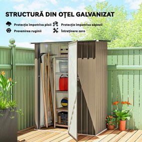 Outsunny Căsuță de Grădină 1.07m² din Oțel Zincat, Depozit pentru Unelte cu Ușă Blocabilă, Acoperiș Înclinat, 142x86x189 cm, Maro | Aosom Romania