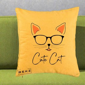 Perna Personalizata Cute Cat cu Ochelari, 40x40 cm, Galben, Husa Detasabila, Perna Inclusa, BEKZ®