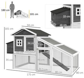 PawHut Cusca pentru Gaini Outoare sau Rate, Cotet Prefabricat din Lemn de Brad cu Acoperis Impermeabil, 178x95x100 cm, Gri