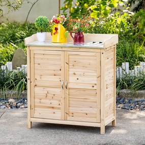 Outsunny Dulap de grădină cu 2 rafturi, suprafață de lucru din metal cu margine ridicată, lemn natural, 83 x 40 x 92 cm | Aosom Romania