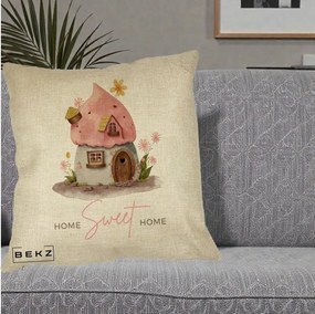 Perna Decorativa Home Sweet Home Casuta, 40x40 cm, Crem, Husa Detasabila, Perna Inclusa, BEKZ®