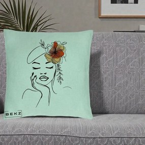 Perna Decorativa Portret Feminin Flori Palarie, 40x40 cm, Verde Menta, Husa Detasabila, Perna Inclusa, BEKZ®
