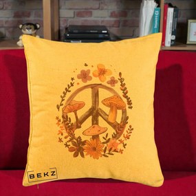 Perna Decorativa Peace Sign Ciuperci Floral, 40x40 cm, Galben, Husa Detasabila, Perna Inclusa, BEKZ®