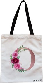 Sacosa de Panza pentru Cumparaturi, Geanta Tote, Cu litera O Rose Gold si Trandafiri, Cu fermoar, 38x34.5 cm, Alba, BEKZ®