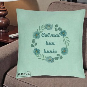 Cadou pentru Bunic - Perna Personalizata Cel Mai Bun Bunic Coronita Flori Albastre Teal, 40x40 cm, Verde Menta, Husa Detasabila, Perna Inclusa, BEKZ®