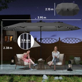 Outsunny Umbrelă Dublă de Grădină 4x2 m cu 36 LED-uri Solare UPF50+ Manivelă 12 Spițe Rezistentă la Apă Gri închis | Aosom Romania