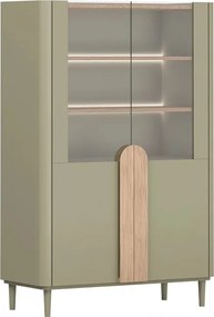 Vitrină Amilio 100 cm cu două uși pe picioare - eucalipt / stejar baltic dune / mânere stejar natural