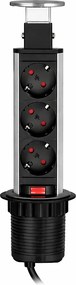 Priză încorporabilă în blat Lift Box Design Light, 3 prize Schuko, inox, D:71 mm Plastic, Inox, D:71 mm; H:285 mm