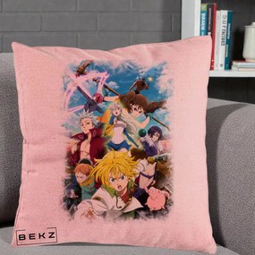 Perna Personalizata Nanatsu no Taizai Cele Sapte Pacate Mortale Anime, 40x40 cm, Roz, Husa Detasabila, Perna Inclusa, BEKZ®