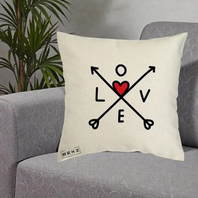 Perna Decorativa Love cu Sageti Incrucisate si Inima Rosie, 40x40 cm, Ecru, Husa Detasabila, Perna Inclusa, BEKZ®