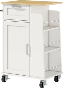 Cărucior de Bucătărie HOMCOM cu Sertar, Dulap, Suport pentru Prosoape și 3 Suporturi pentru Condimente, din Lemn, 62x40x87 cm, Alb | Aosom Romania