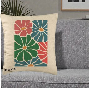 Perna Decorativa Flori Grafice Verde-Roz-Albastru, 40x40 cm, Bej, Husa Detasabila, Perna Inclusa, BEKZ®
