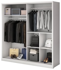 Dormitor Deluxe, culoare alb / negru, cu pat tapitat 160 x 200, dulap 200 cm, comoda si 2 noptiere