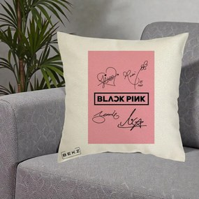 Perna Personalizata K-pop BLACKPINK Semnaturi Roz, 40x40 cm, Ecru, Husa Detasabila, Perna Inclusa, BEKZ®
