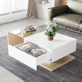 Măsuță de Cafea Modernă din Lemn cu Sticlă și LED, 105x55x32,5 cm, Naturală