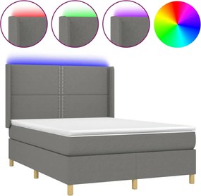 vidaXL Pat cu arcuri, saltea și LED, gri închis, 140x190 cm, textil