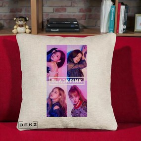 Perna Personalizata K-pop BLACKPINK Poster Colaj 4 Membre Violet Roz, 40x40 cm, Bej Canapea, Husa Detasabila, Perna Inclusa, BEKZ®