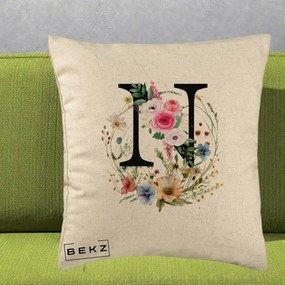Cadou Personalizat - Perna Personalizata Monogram Litera N cu Flori Acuarela, 40x40 cm, Bej, Husa Detasabila, Perna Inclusa, BEKZ®