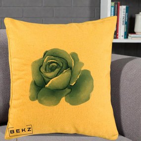 Perna Decorativa Trandafir Albastru Acuarela, 40x40 cm, Galben, Husa Detasabila, Perna Inclusa, BEKZ®