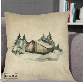 Perna Decorativa Cabana de Iarna in Padure, 40x40 cm, Crem, Husa Detasabila, Perna Inclusa, BEKZ®