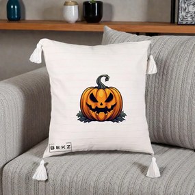 Perna Decorativa Halloween Jack-o'-Lantern Infricosator, 40x40 cm, Bej cu Franjuri, Husa Detasabila, Perna Inclusa, BEKZ®
