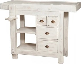 Banc de tamplar, L116 63 H90 cm, 4 sertare, alb antic, lemn masiv