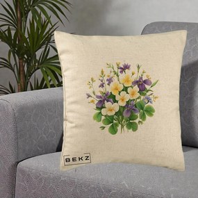 Perna Decorativa Viorele Iris Violet si Trifoi, 40x40 cm, Bej, Husa Detasabila, Perna Inclusa, BEKZ®