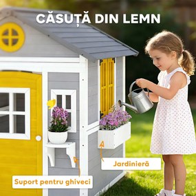 Outsunny Căsuță din Lemn pentru Copii 3-8 Ani, Căsuță de Grădină cu Ferestre, Acoperiș Înclinat, Ghivece și Jardiniere, Gri, Galben, Alb | Aosom Romania