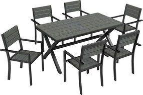 Outsunny Set de Masă pentru Exterior 7 Piese pentru 6 Persoane, Masă și Scaune Stivuite cu Lamele Efect Lemn, Cadru din Aluminiu, Gri | Aosom Romania