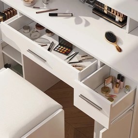 Masuta machiaj cu Oglinda LED si 3 Sertare pentru Cosmetice, Set Masa toaleta 110 cm, Alb, masuta cosmetica, vanity - SEA809