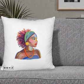 Perna Decorativa Portret Femeie Urbana Acuarela, 40x40 cm, Alb Pufos, Husa Detasabila, Perna Inclusa, BEKZ®