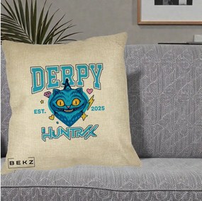 Perna Personalizata K-pop HUNTRX Derpy Pisica Albastra, 40x40 cm, Crem, Husa Detasabila, Perna Inclusa, BEKZ®