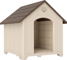 PawHut Căsuță pentru câini de talie medie și mare, ridicată, cu acoperiș înclinat, guri de aerisire și cuie, căsuță din PP, 88x78x89 cm, Bej și Maro Închis | Aosom Romania
