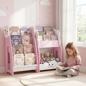 AIYAPLAY Bibliotecă Copii 3-în-1, 4 Compartimente, 3 Rafturi, Noptieră pentru Cameră, Roz. | Aosom Romania