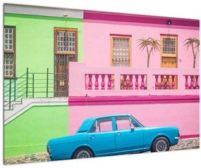 Tablou cu mașina - casele colorate (90x60 cm)