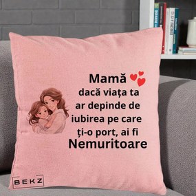 Cadou pentru Mama - Perna Personalizata Mama Nemuritoare cu Balon Inima, 40x40 cm, Roz, Husa Detasabila, Perna Inclusa, BEKZ®