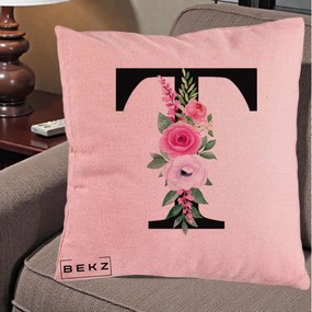 Cadou Personalizat - Perna Personalizata Monograma Florala Litera T, 40x40 cm, Roz, Husa Detasabila, Perna Inclusa, BEKZ®