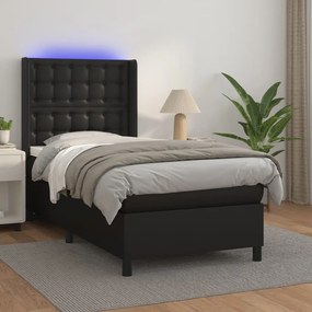 3139355 vidaXL Pat cu arcuri, saltea și LED, negru, 90x190 cm, piele ecologică