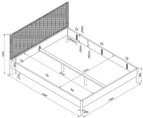 Pat dublu OLIVE, 160 x 200 cm, cu tăblie din lemn cu aspect de stejar și detalii din sfoară împletită, design modern, fără somieră inclusă, cu