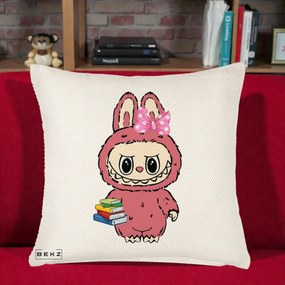 Perna Personalizata Labubu Roz cu Funda si Carti, 40x40 cm, Crem Reliefat, Husa Detasabila, Perna Inclusa, BEKZ®