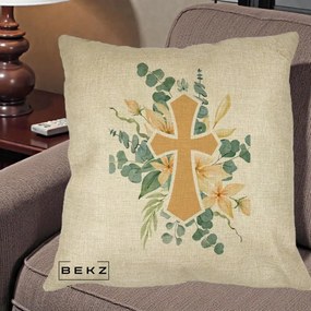 Perna Personalizata Cruce Florala Botez, 40x40 cm, Crem, Husa Detasabila, Perna Inclusa, BEKZ®