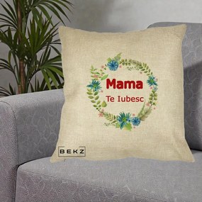 Cadou pentru Mama - Perna Personalizata Mama Te Iubesc Flori Albastre, 40x40 cm, Crem, Husa Detasabila, Perna Inclusa, BEKZ®