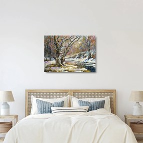 Tablou pe sticlă cu peisaj de iarnă pictat (70x50 cm)
