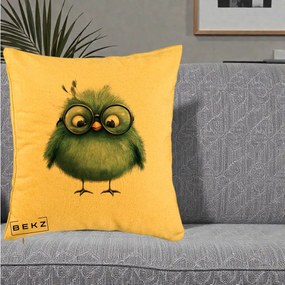 Perna Decorativa Pui Teal cu Ochelari Rotunzi, 40x40 cm, Galben, Husa Detasabila, Perna Inclusa, BEKZ®
