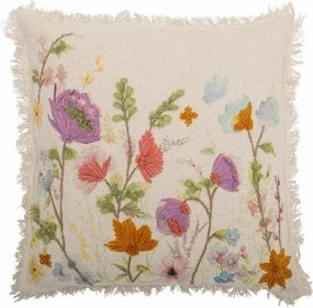 Pernă decorativa din bumbac cu broderie cu motive florale si franjuri, "Pogni"