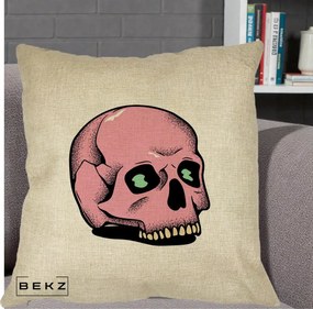 Perna Decorativa Craniu Roz Tatoo Art Halloween, 40x40 cm, Crem, Husa Detasabila, Perna Inclusa, BEKZ®