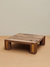 Măsuță de cafea pătrată din lemn reciclat, natur, cu inserții de alamă și picioare masive, finisaj mat, 31 x 100 x 100 cm, „Visconti”