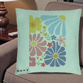 Perna Decorativa Flori Grafice Pastel Multicolor, 40x40 cm, Verde Menta, Husa Detasabila, Perna Inclusa, BEKZ®