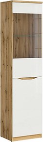 Dulap cu vitrina NUIS, alb lucios/stejar, PAL, 50x40x198 cm